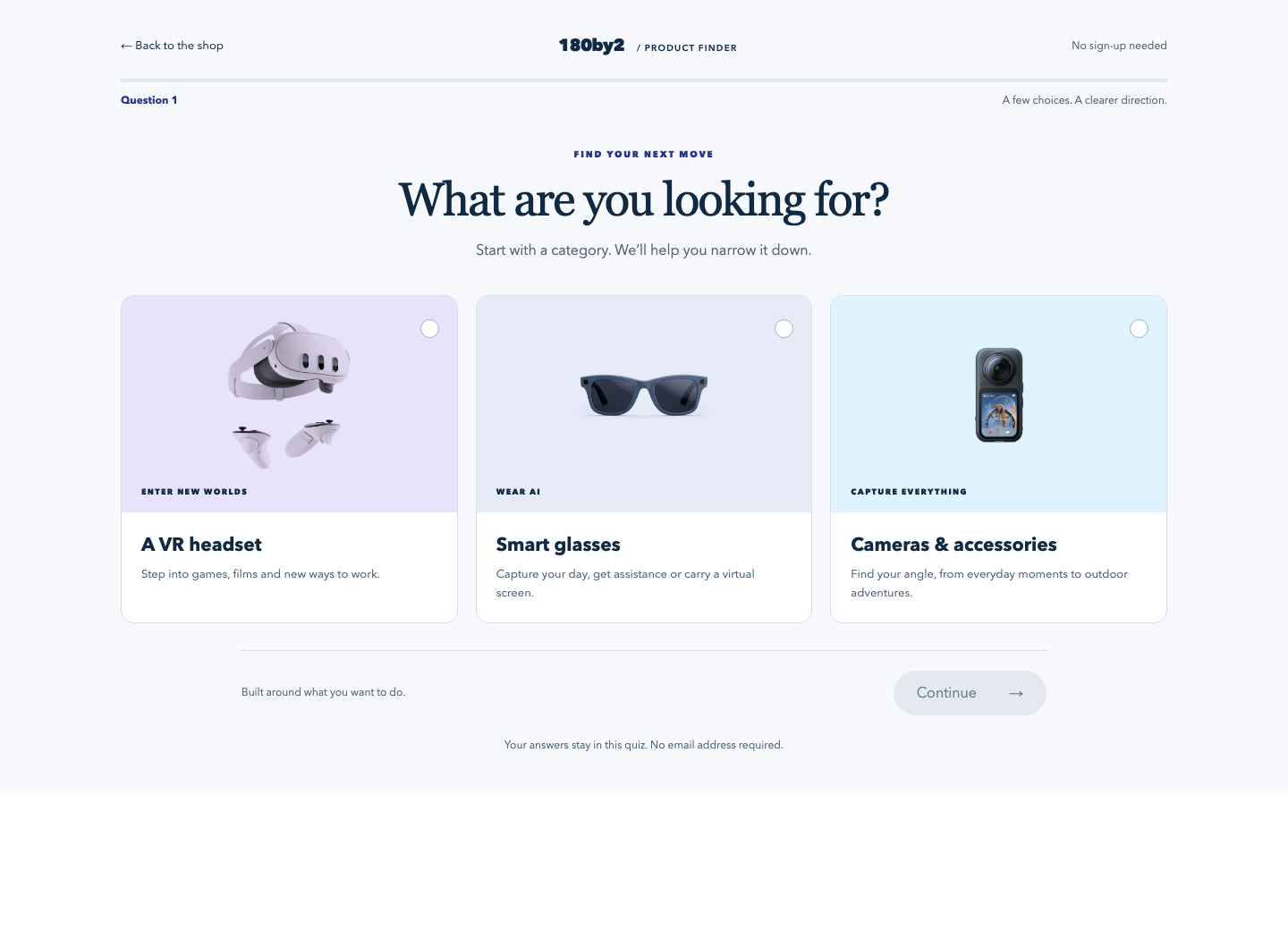 Desktop review preview of the 180by2 product finder, showing VR, smart glasses and camera choices